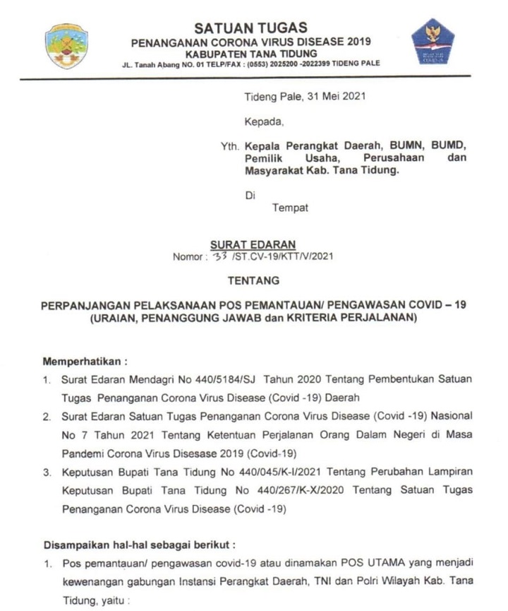 Perpanjangan Pelaksanaan Pos Pengawasan Covid-19